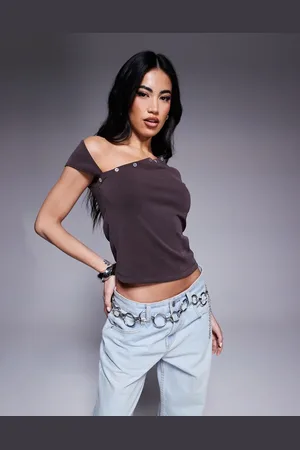 ASOS Cupro asymmetric neckline short sleeve top in chocolate