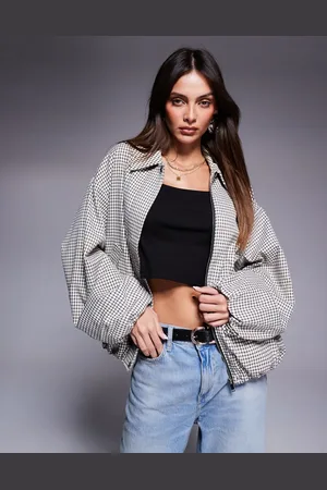 River Island Check bubble hem bomber jacket in cream