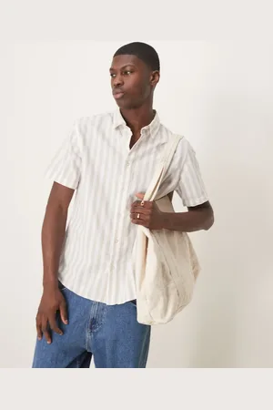 SELECTED Linen blend short sleeve shirt in cream stripe