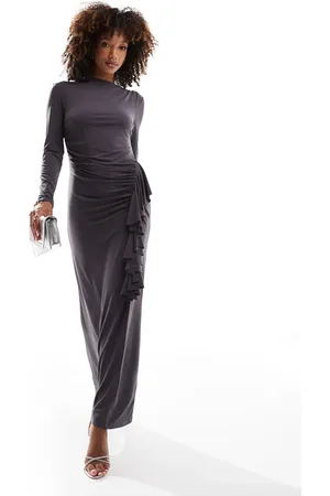 DASKA Drape front maxi dress with frill detail in charcoal