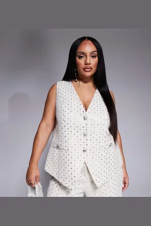 ASOS Curve co-ord embellished boucle waist coat with bow back in cream