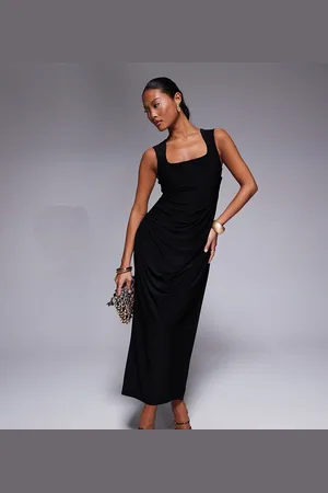 ASOS ASOS DESIGN Petite shaped neckline wide strap with draped skirt midi dress in