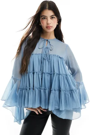 ASOS Tie front tiered blouse with ruffle cuffs in