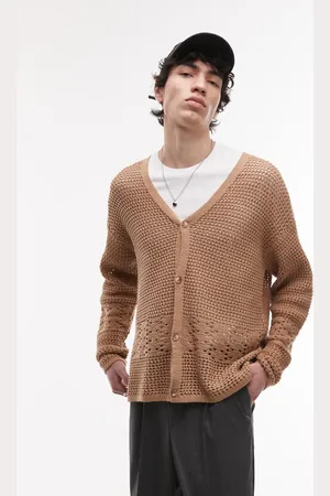 Topman Knitted crochet cardigan with panel detail in beige