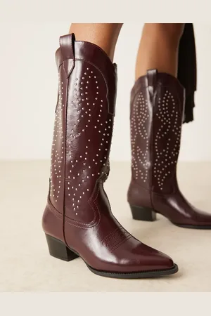 Glamorous Studded western knee boots in burgundy