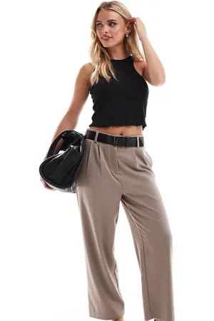 ASOS ASOS DESIGN Petite tailored wide leg paper bag trousers with belt trim in mocha