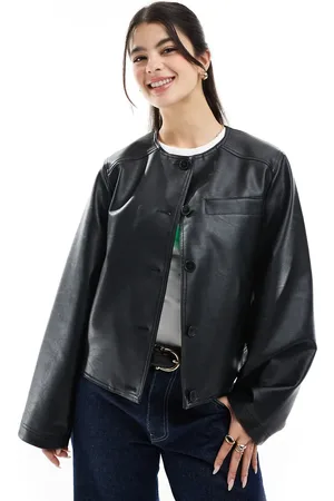 ASOS Collarless clean leather look jacket in