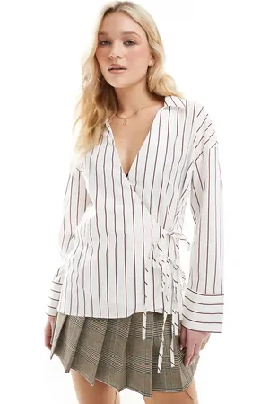 ONLY Tie detail shirt in white and burgundy stripes