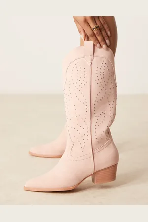 Glamorous Studded western knee boots in cream