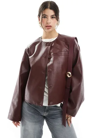 ASOS Collarless clean leather look jacket in burgundy
