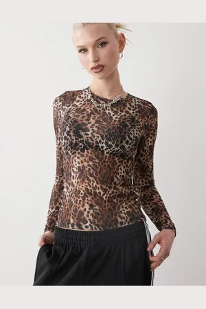 Monki Long sleeve sheer ribbed top in leopard print