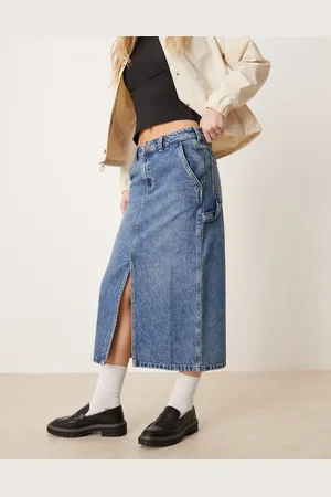 Dickies Long denim skirt with front slit in rinsed with fade