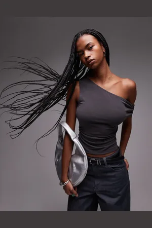 Topshop Cupro ruched side top in charcoal