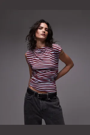 Topshop Slash neck one shoulder top in blue and burgundy stripe