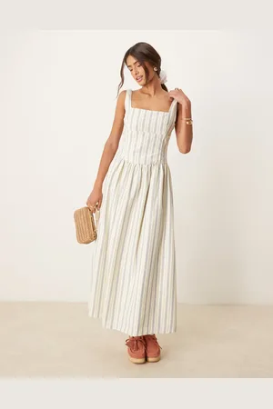 Glamorous Square neck drop waist midaxi dress in white stripe