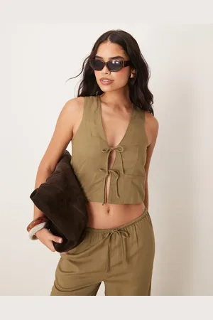 Iisla & Bird Double tie beach waist coat co-ord in olive