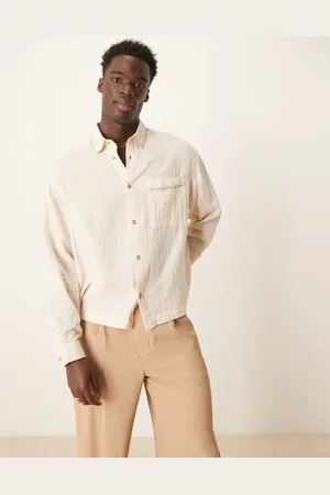 ASOS Boxy textured regular shirt with piping detail in beige