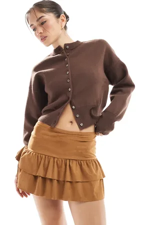 Miss Selfridge Western suede look ruffle detail skort in tan