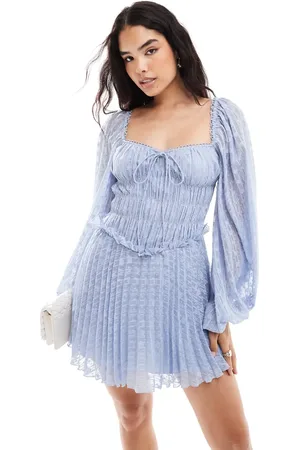 ASOS Metallic dobby milkmaid long sleeve pleated mini dress in sky