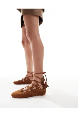 ASOS Lasso boho ghillie tie ballets in tan suede