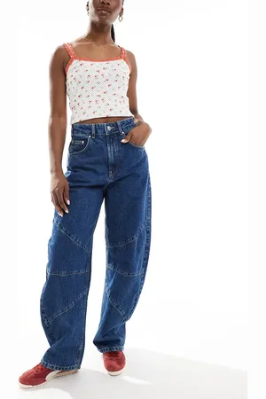 ASOS High waisted barrel leg jeans with seam detail in mid