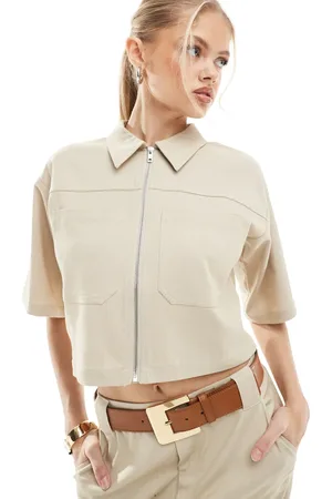 4th & Reckless Tailored zip through cropped boxy shirt co-ord in beige