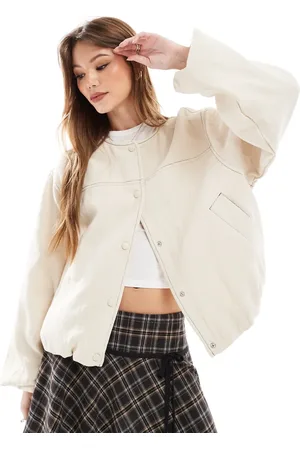 ASOS Textured cotton collarless bomber jacket in ecru