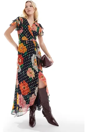 HOPE & IVY Frill sleeve midi wrap dress with tie waist in print