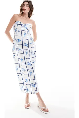 ASOS Twill bandeau midi dress in blue floral tile print