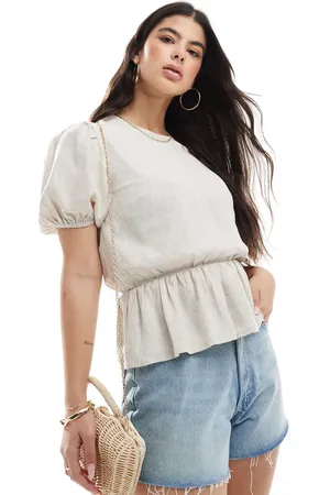 ASOS Linen look peplum top with puff sleeve in stone