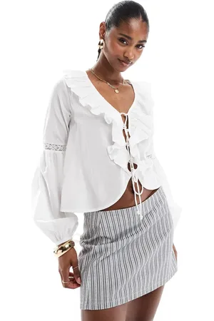 Brave Soul Ruffle front long sleeve blouse in