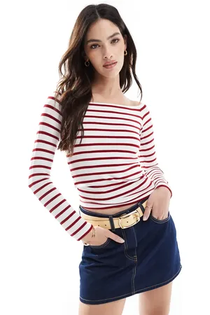 ONLY Boat neck long sleeve top in red stripes