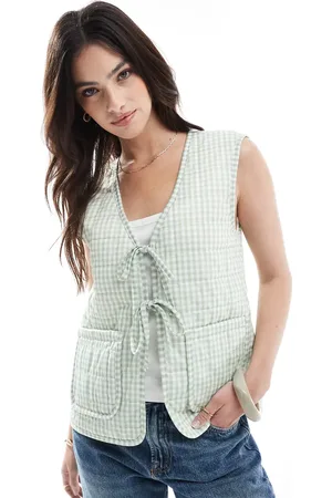 ONLY Tie front quilted gilet in sage gingham check