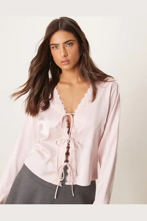Abercrombie & Fitch Lace tie front long sleeve top in chalk