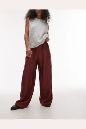 Topshop Textured satin straight leg drawcord trouser in burgundy