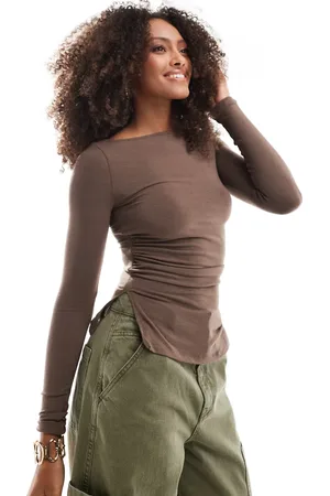 Bershka Ruched side long sleeve t-shirt in brown