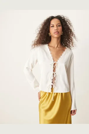 Abercrombie & Fitch Lace tie front long sleeve top in cream