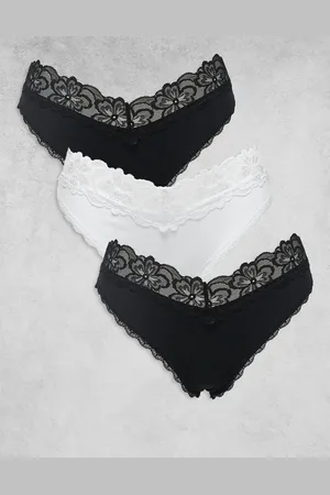 ASOS Minnie 3 pack cotton brazilian brief with lace waistband in black & white