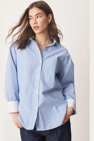 Abercrombie & Fitch Long sleeve oversized poplin shirt in blue and stripe