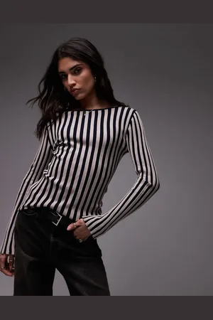Topshop Knitted slash neck stripe top in mono