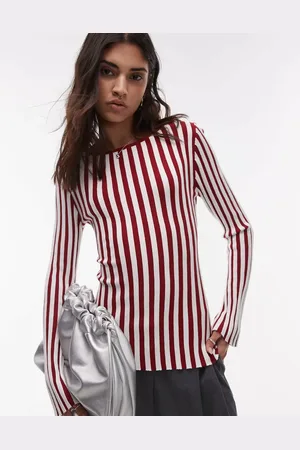 Topshop Knitted plated slash neck top in red and ecru
