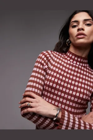 Topshop Knitted plated check long sleeve top in multi