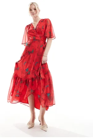 HOPE & IVY Flutter sleeve midaxi wrap dress with tie waist in print