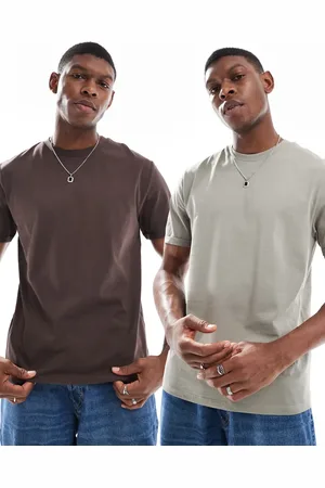 ASOS Essential 2 pack crew neck t-shirts with roll sleeve in stone and brown