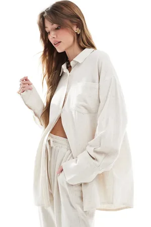 4th & Reckless Linen blend oversized button through collared shirt co-ord in beige