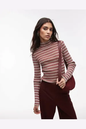 Topshop Knitted plated check long sleeve top in multi