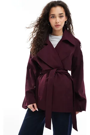 ASOS Oversized short trench coat with belt in burgundy