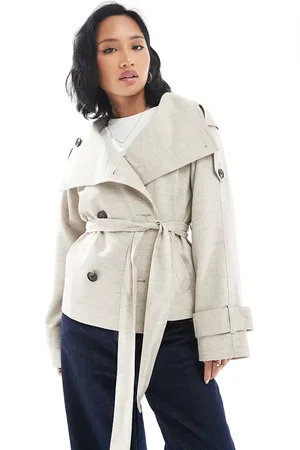ASOS ASOS DESIGN Petite short linen trench coat in stone