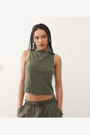 COLLUSION Slash neck ribbed vest in khaki