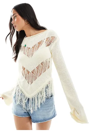 Bershka Fringe detail knitted top in butter